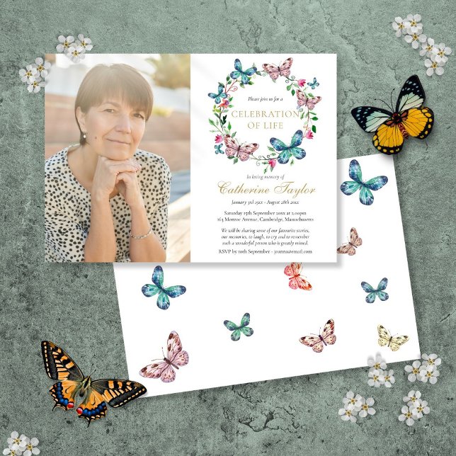 Convites Celebração de Vida Funeral Floral Borboleta Foto (Butterfly Floral Photo Celebration of Life Funeral Invitation)