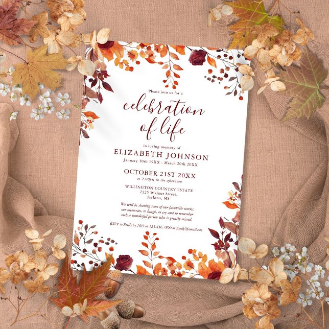 Convites Celebração de Vida Funeral Floral de Outono Rústic (Rustic Fall Floral Celebration Of Life Funeral Invitation)