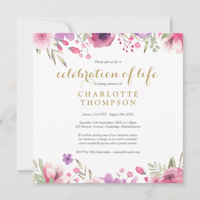 Convites Celebração de Vida Funeral Floral Gold Script (Frente)