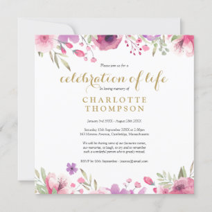 Convites Celebração de Vida Funeral Floral Gold Script