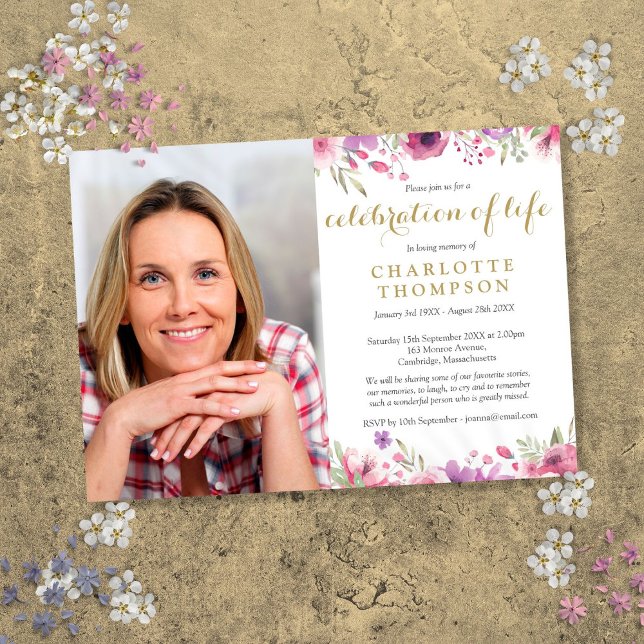 Convites Celebração de Vida Funeral Floral Gold Script (Floral Gold Script Celebration of Life Funeral Invitation)
