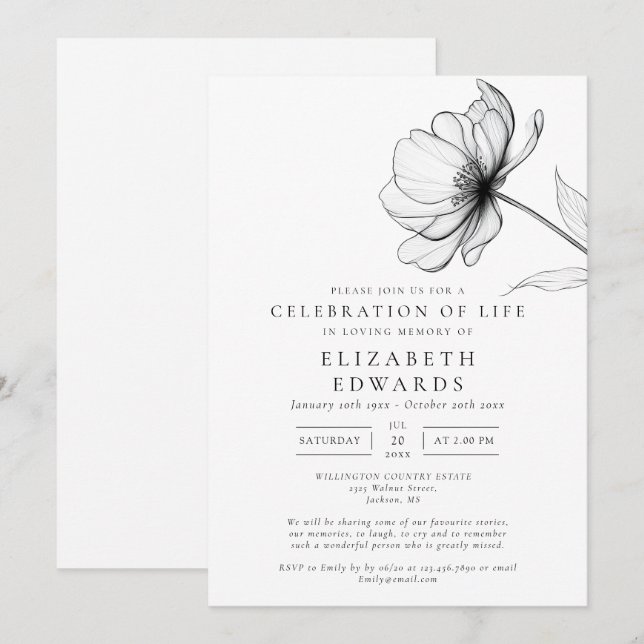 Convites Celebração de Vida Funeral Floral Minimalista (Frente/Verso)