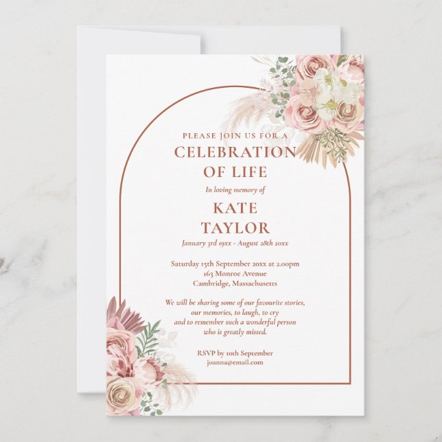 Convites Celebração de Vida Funeral Grama Pampas Floral (Frente)