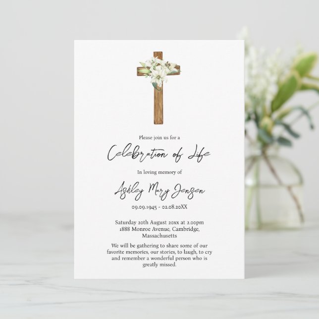Convites Celebração de Vida Funeral Lily Cross (Em pé/Frente)