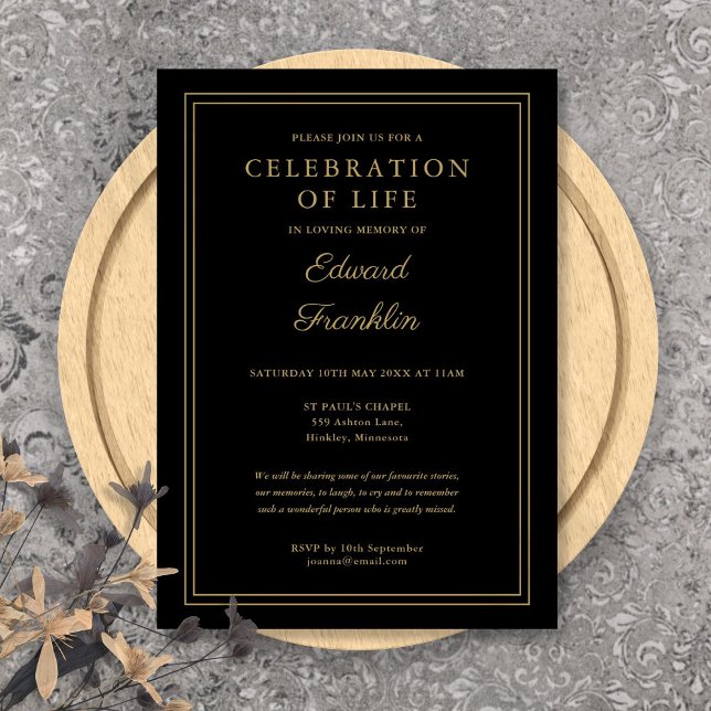 Convites Celebração de Vida Funeral Preta e Dourada Elegant (Elegant Black And Gold Celebration Of Life Funeral Invitation)