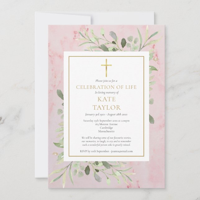 Convites Celebração de Vida Funeral Verdejante Rosa (Frente)