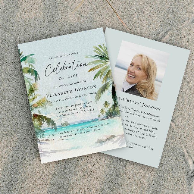 Convites Celebração de Vida Memorial na Praia Tropical (Criador carregado)