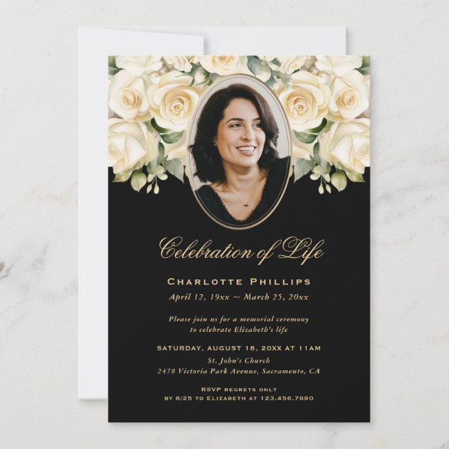 Convites Celebração de Vida Rosa de Marfim Preto Floral Fot (Frente)
