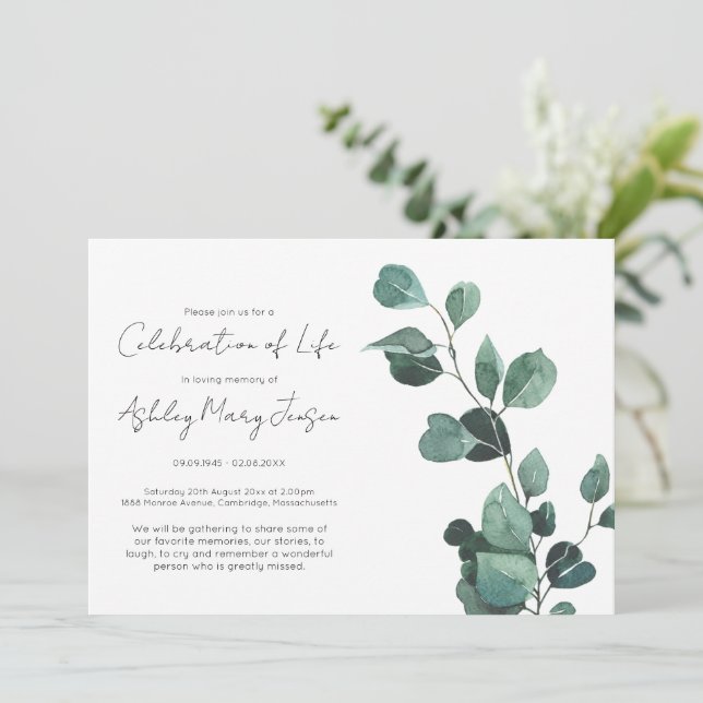 Convites Celebração de Vida Simples de Eucalipto Funeral (Em pé/Frente)