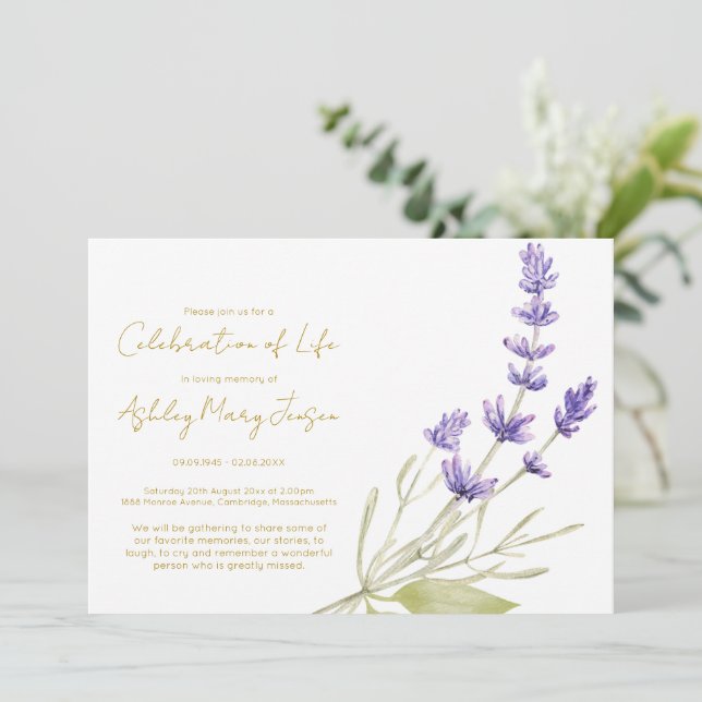 Convites Celebração de Vida Simples de Lavanda Funeral (Em pé/Frente)