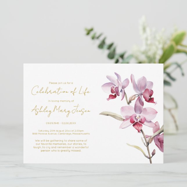 Convites Celebração de Vida Simples de Orquídea Funeral (Em pé/Frente)