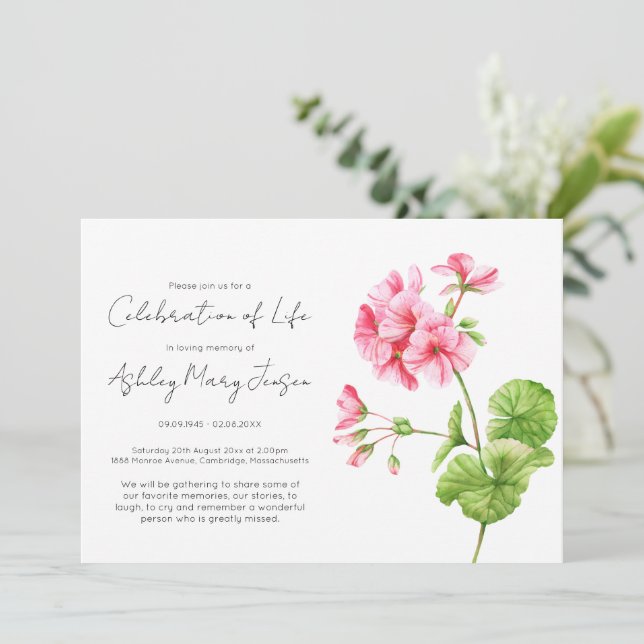 Convites Celebração de Vida Simples Gerânio Funeral (Em pé/Frente)