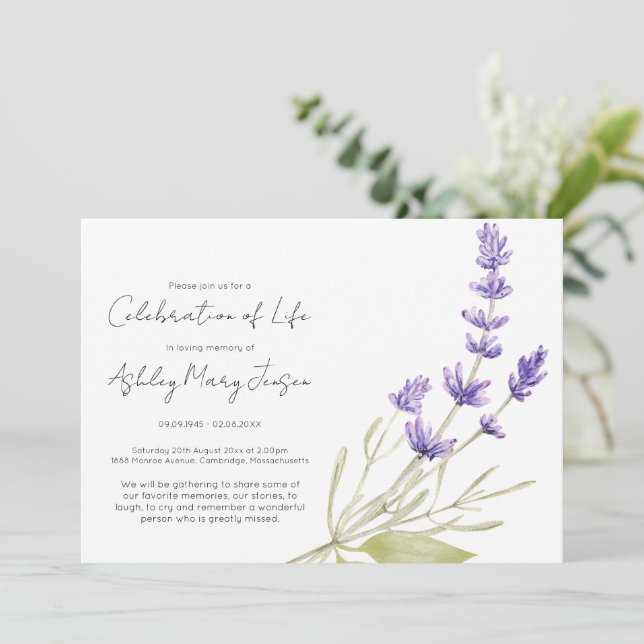 Convites Celebração de Vida Simples Lavanda Funeral (Em pé/Frente)