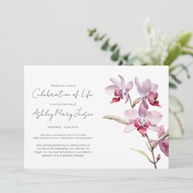 Convites Celebração de Vida Simples Orquídea Funeral (Em pé/Frente)