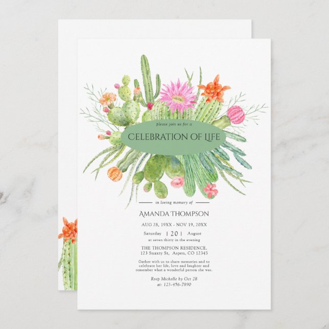 Convites Celebração de Watercolor Cactus da Foto de Vida (Frente/Verso)