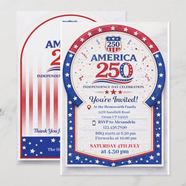 Convites Celebração do 250º Dia da Independência da América (Frente/Verso)