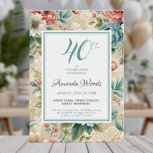 Convites Celebração do aniversário de 40 anos floral elegan