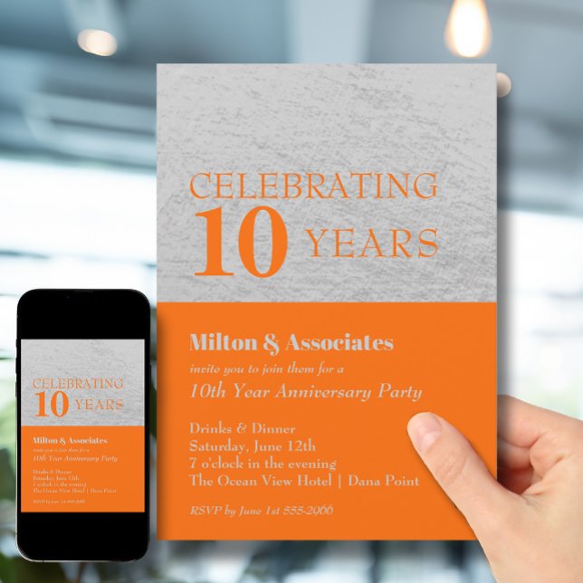 Convites Celebração do aniversário de negócios Orange Silve (Change to ANY YEAR. Order printed and instant download (great to email as a reminder.))