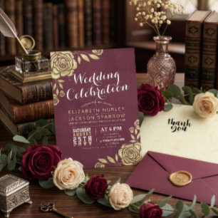 Convites Celebração do Casamento Rosas Dourados modernos Ve