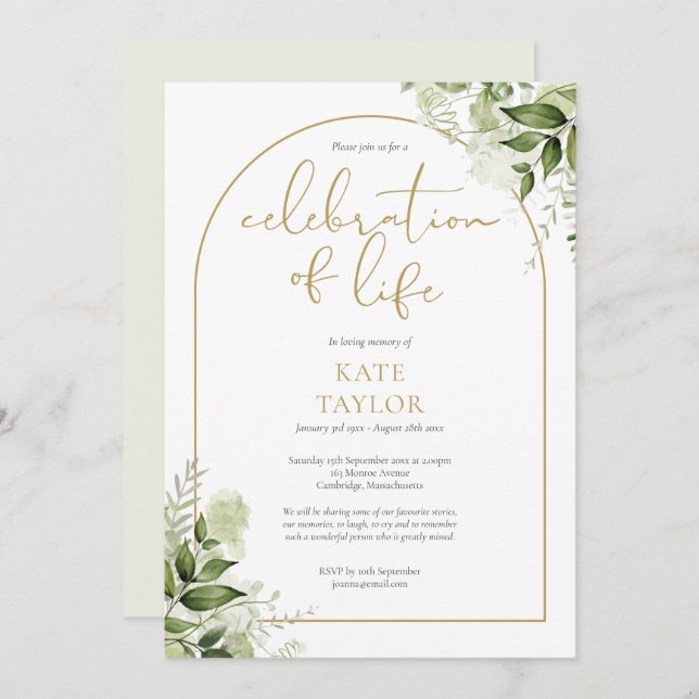 Convites Celebração do Funeral da Vida em Arco Dourado (Frente/Verso)