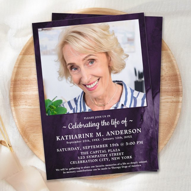 Convites Celebração Do Funeral Funeral Moderno Roxo Marble (Criador carregado)