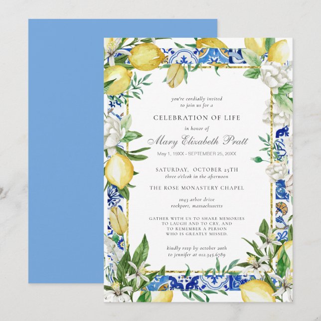 Convites Celebração do Lemon do Serviço de Memória da Vida (Frente/Verso)