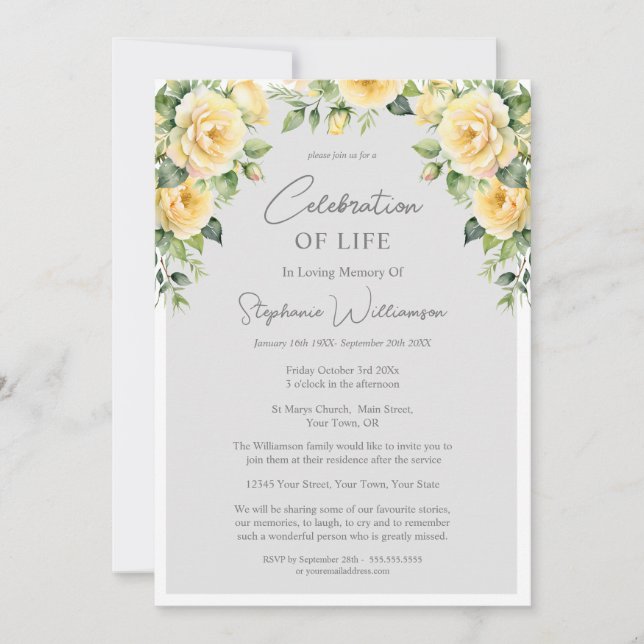 Convites Celebração do Life 4 Photo Yellow Rose Funeral (Frente)