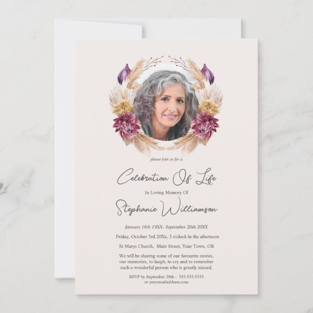 Convites Celebração do Life 5 Foto Autumn Floral Funeral (Frente)