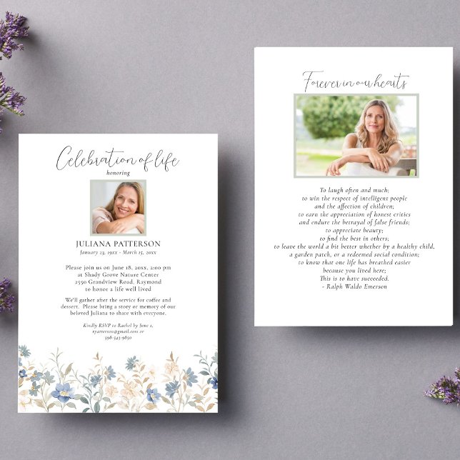 Convites Celebração do Life Blue Wildflower Foto funeral (Criador carregado)