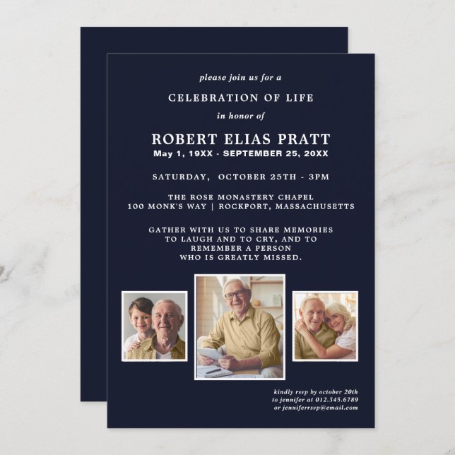 Convites Celebração do Life Dark Blue White 3 Foto (Frente/Verso)