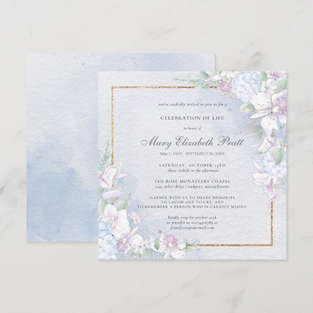 Convites Celebração do Life Dusty Blue e White Floral (Frente/Verso)