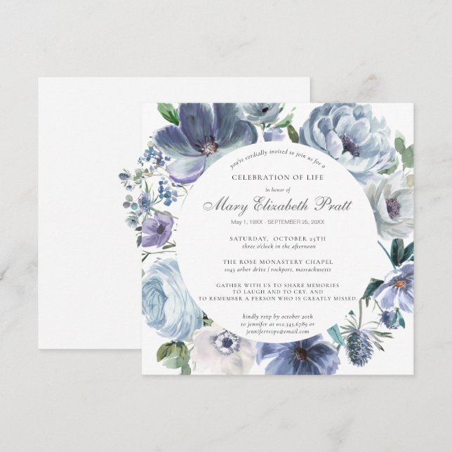 Convites Celebração do Life Dusty Blue e White Floral In (Frente/Verso)