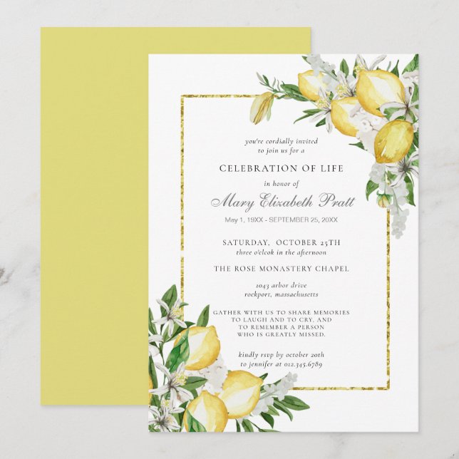 Convites Celebração do Life Memorial Service Lemon Invitat (Frente/Verso)