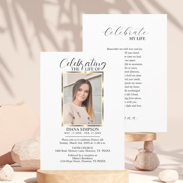 Convites Celebração do Memorial da Vida Foto Dourada e Poem (Criador carregado)