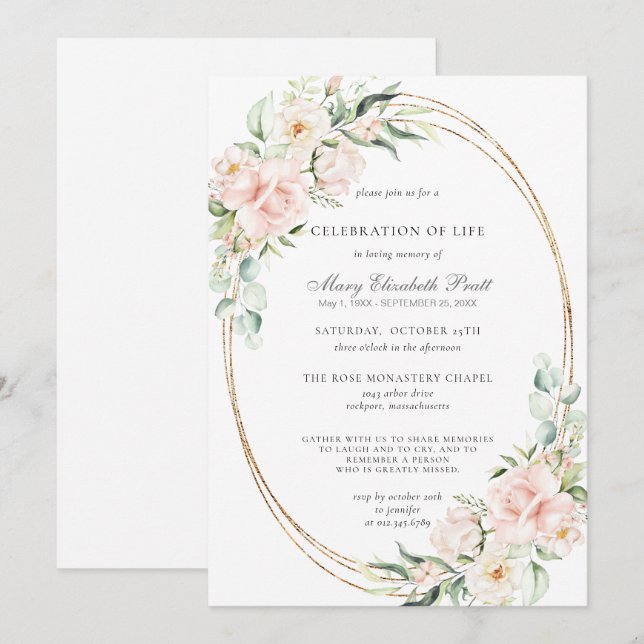 Convites Celebração do Memorial Funeral Pink Floral (Frente/Verso)
