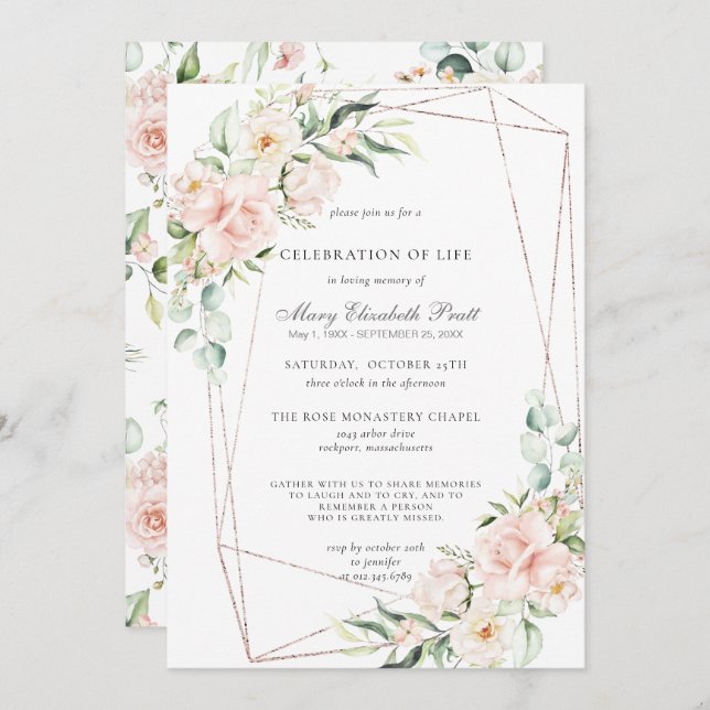 Convites Celebração do Memorial Funeral Pink Floral (Frente/Verso)