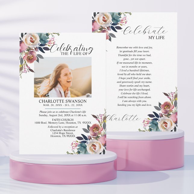 Convites Celebração do Memorial Life Floral Photo & Poem (Criador carregado)