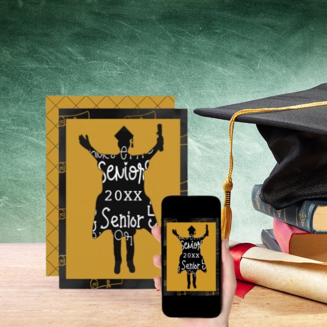 Convites Celebração do partido Dourado Silhouette Formando  (Senior Graduate Silhouette Gold Party Celebration Invitation)