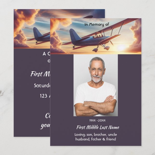 Convites Celebração do Serviço da Vida  Avião Pilotando Pôr (Frente/Verso)