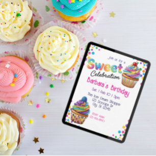 Convites Celebração Doce Colorido Cupcake Aniversário