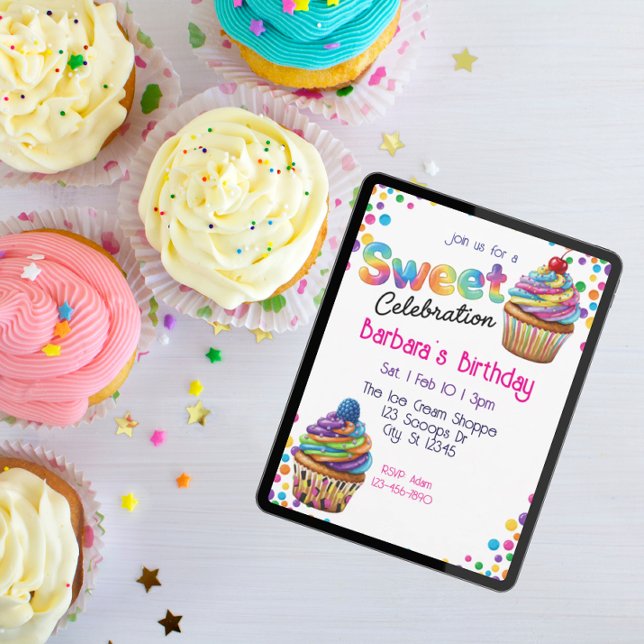 Convites Celebração Doce Colorido Cupcake Aniversário (Criador carregado)