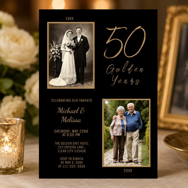 Convites Celebração dos 50 Anos de Ouro dos Pais (Elegant black and gold parents 50th anniversary invitation with timeless then and now photos.)