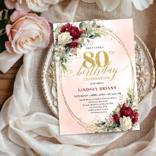 Convites Celebração dos 80 Anos Burgundy Bohemian Chic