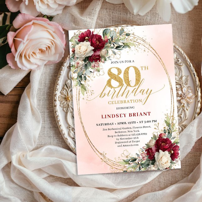Convites Celebração dos 80 Anos Burgundy Bohemian Chic (Burgundy Bohemian Chic 80th Birthday Celebration Invite)