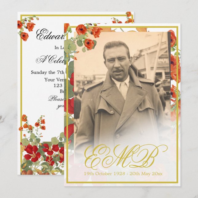 Convites Celebração Dourada Floral do Memorial Funeral (Frente/Verso)