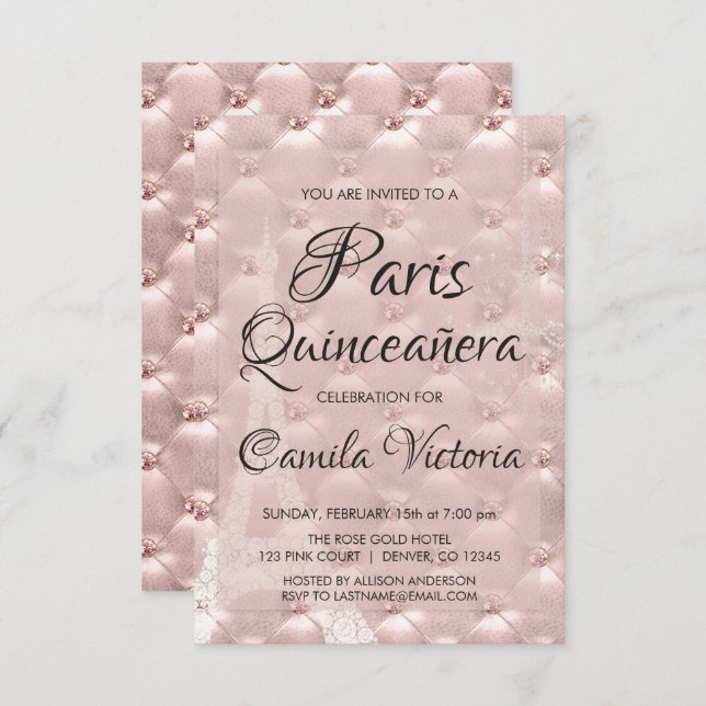 Convites Celebração Dourada Paris Quinceañera rosa rosa ros (Frente/Verso)