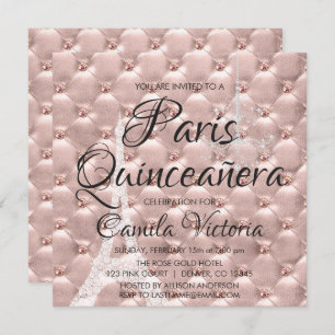 Convites Celebração Dourada Paris Quinceañera rosa rosa ros