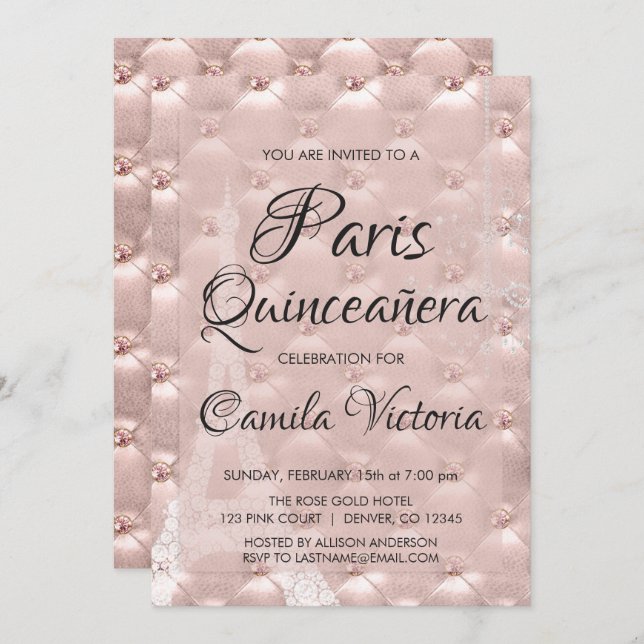 Convites Celebração Dourada Paris Quinceañera rosa rosa ros (Frente/Verso)