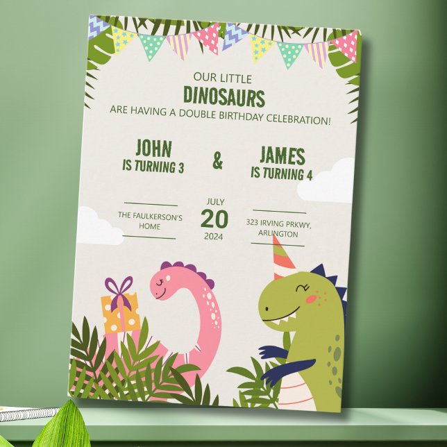 Convites Celebração Dupla de Aniversário dos Lindos Dinossa (Criador carregado)