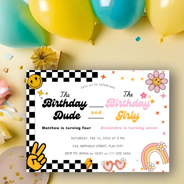 Convites Celebração Dupla de Groovy Sibling (Joint Birthday Sibling Groovy Double Celebration Invitation)